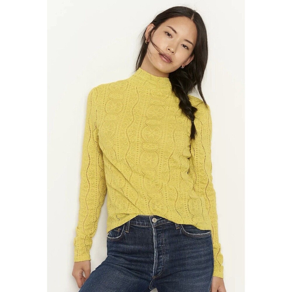 ANTHROPOLOGIE Daily Practice Yellow Stretch Lace Mock Neck Top Size S NWOT $68